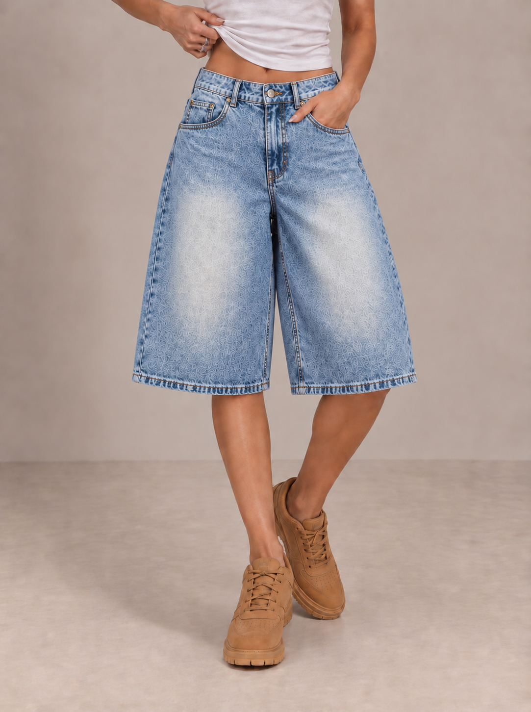 Embroidered denim shorts