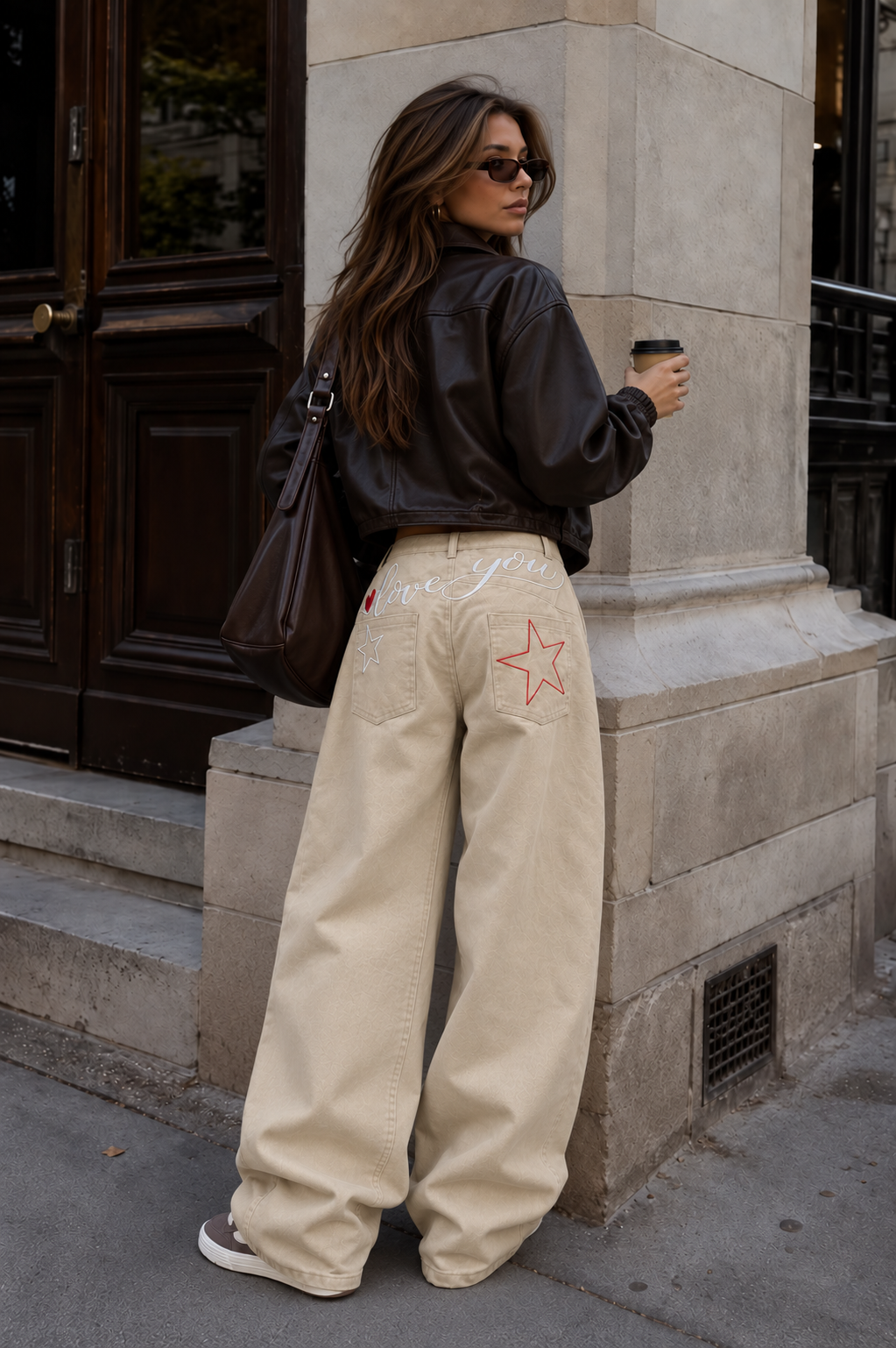 Embroidered Wide Leg Denim Pants