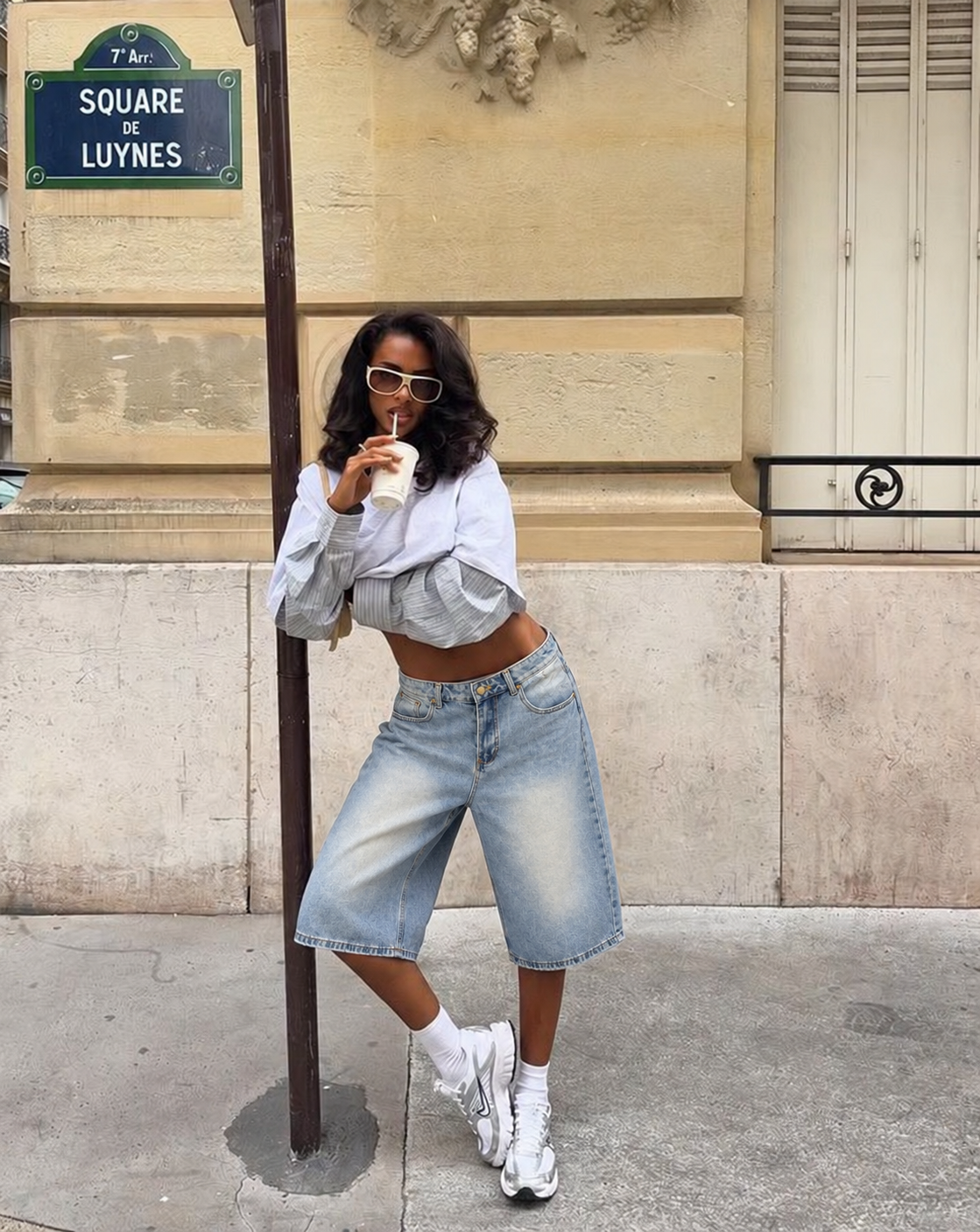 Embroidered denim shorts