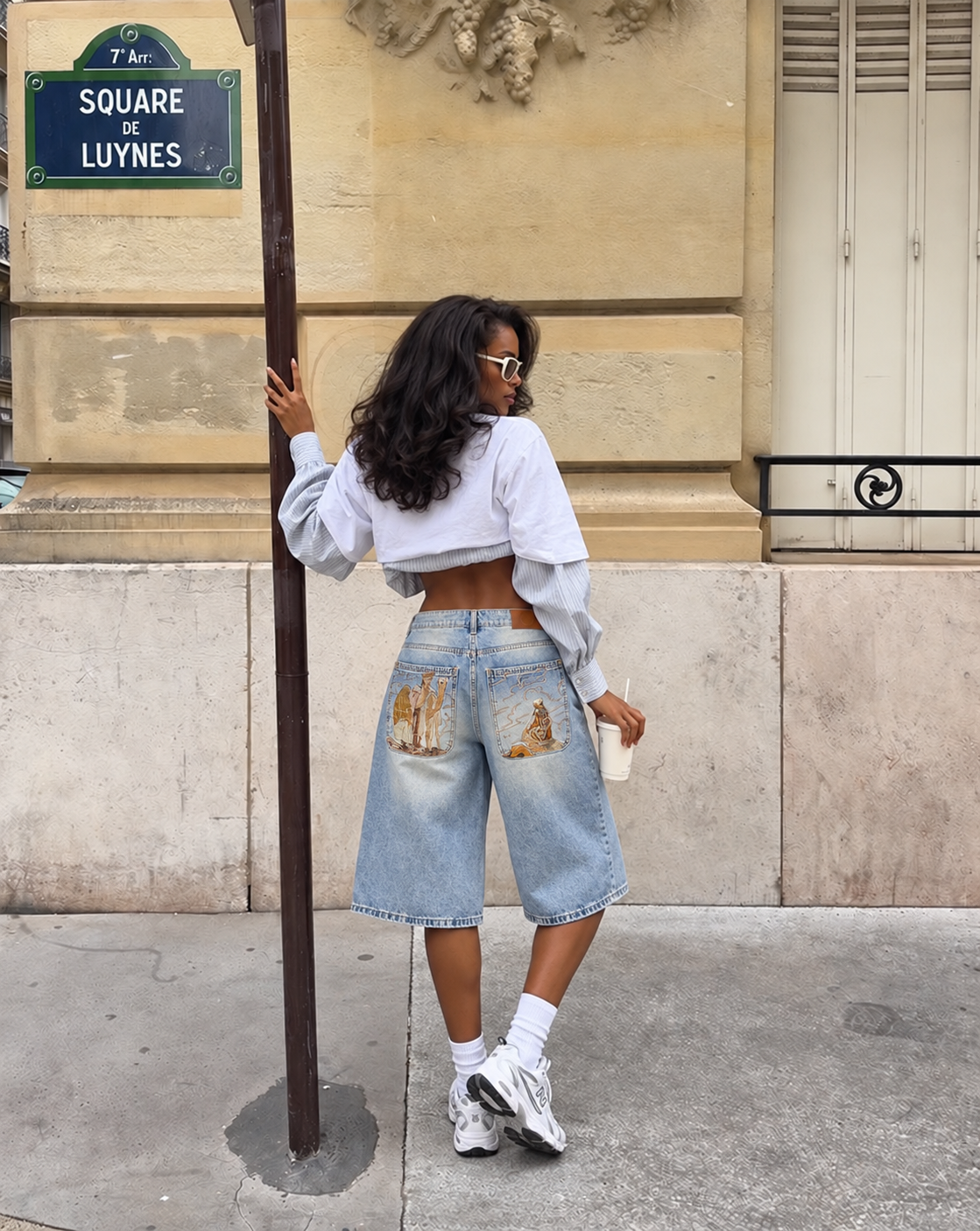 Embroidered denim shorts