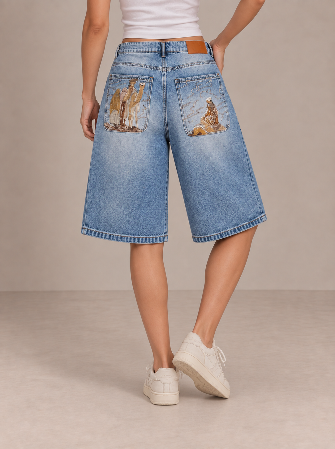 Embroidered denim shorts