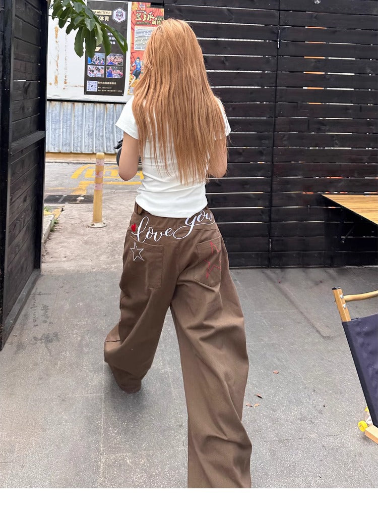 Embroidered Wide Leg Denim Pants